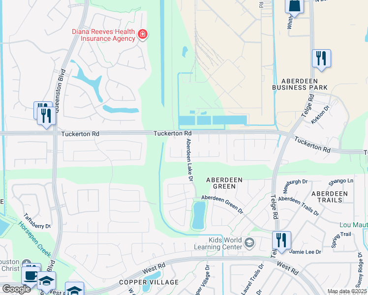 map of restaurants, bars, coffee shops, grocery stores, and more near 9202 Aberdeen Lake Drive in Houston