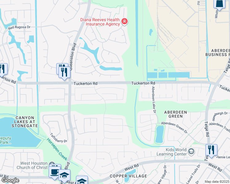 map of restaurants, bars, coffee shops, grocery stores, and more near 16614 Greenbriar Point Lane in Houston