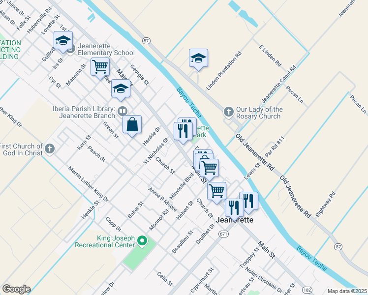 map of restaurants, bars, coffee shops, grocery stores, and more near 1510 Main Street in Jeanerette