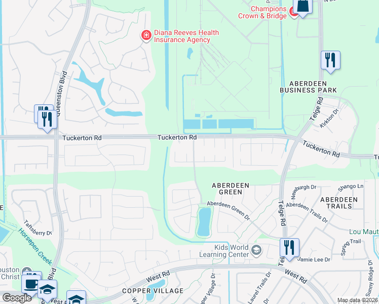 map of restaurants, bars, coffee shops, grocery stores, and more near 9218 Rosewell Court in Houston