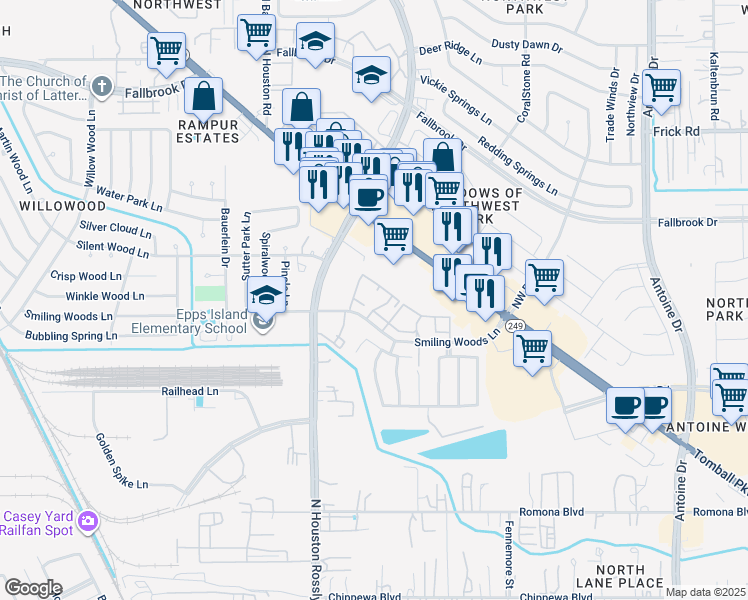 map of restaurants, bars, coffee shops, grocery stores, and more near 7150 Smiling Woods Lane in Houston