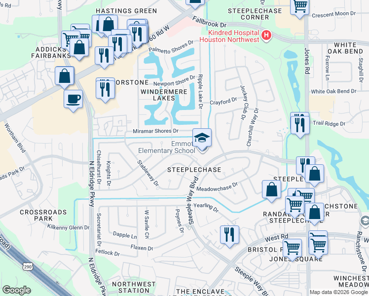 map of restaurants, bars, coffee shops, grocery stores, and more near 11907 Paddock Way in Houston