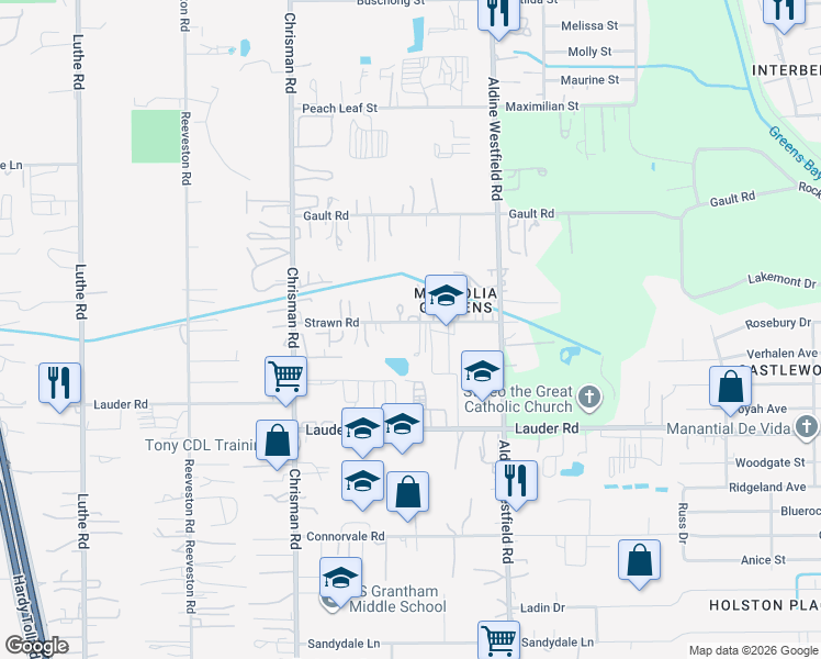 map of restaurants, bars, coffee shops, grocery stores, and more near 1214 Strawn Road in Houston