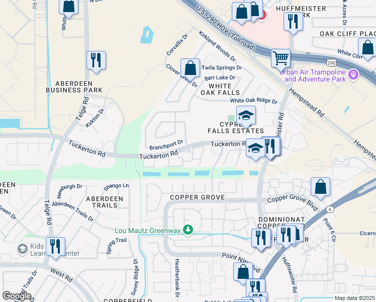 map of restaurants, bars, coffee shops, grocery stores, and more near 15511 Tuckerton Road in Houston