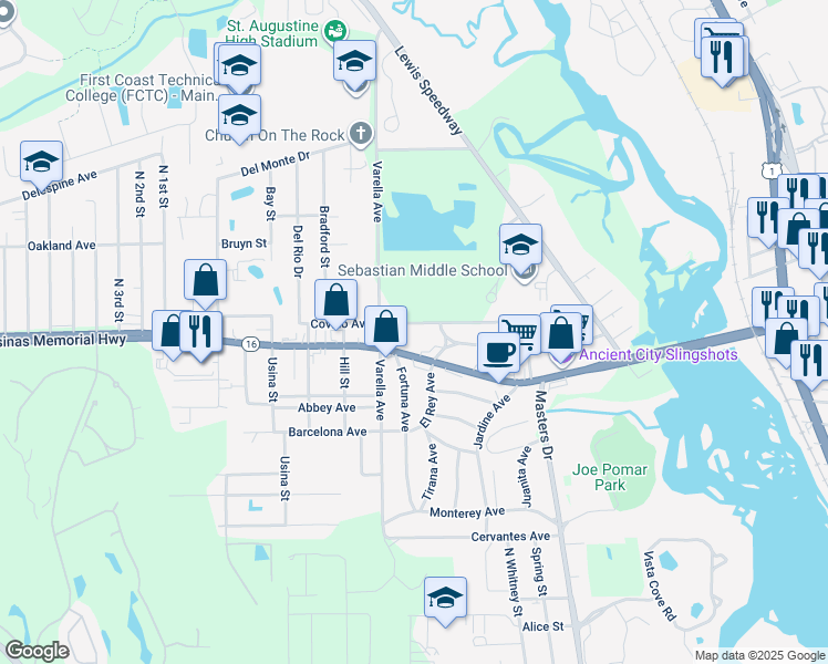 map of restaurants, bars, coffee shops, grocery stores, and more near 275 Covino Avenue in St. Augustine