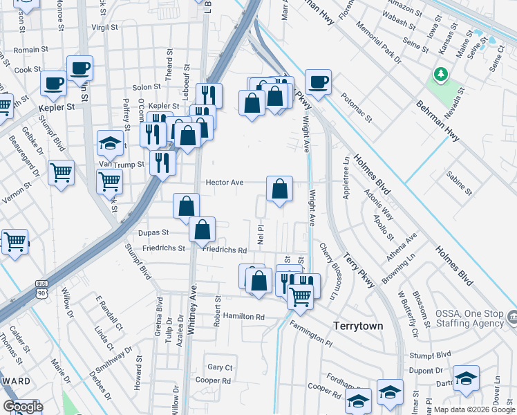 map of restaurants, bars, coffee shops, grocery stores, and more near 1 Nel Place in Terrytown