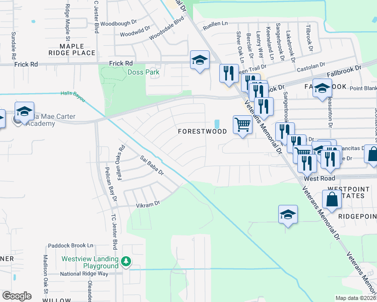 map of restaurants, bars, coffee shops, grocery stores, and more near 2111 Denridge Drive in Houston