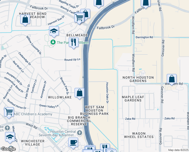 map of restaurants, bars, coffee shops, grocery stores, and more near 10344 Sam Houston Tollway in Houston
