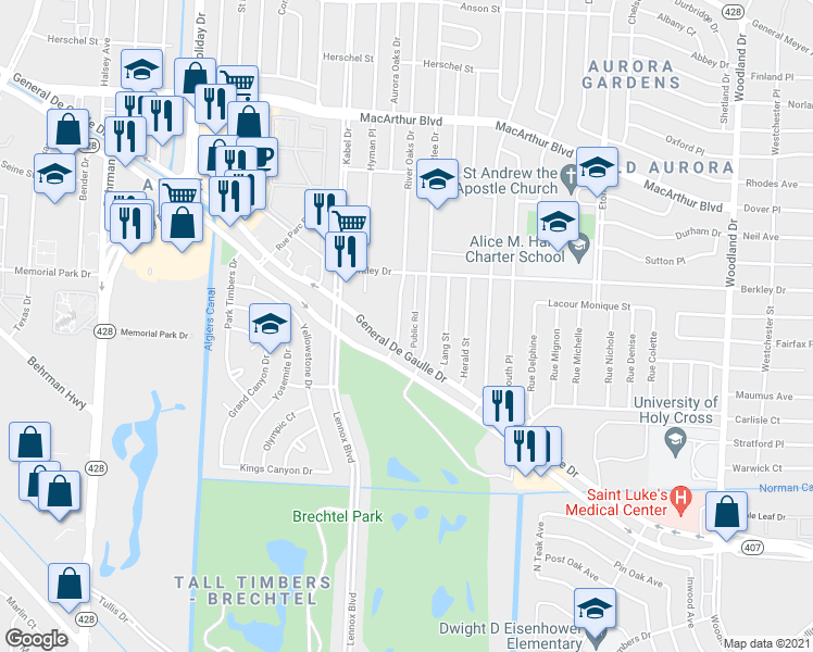 map of restaurants, bars, coffee shops, grocery stores, and more near 3651 River Oaks Drive in New Orleans