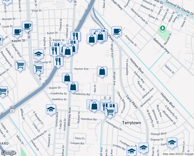 map of restaurants, bars, coffee shops, grocery stores, and more near 1 Nel Place in Terrytown