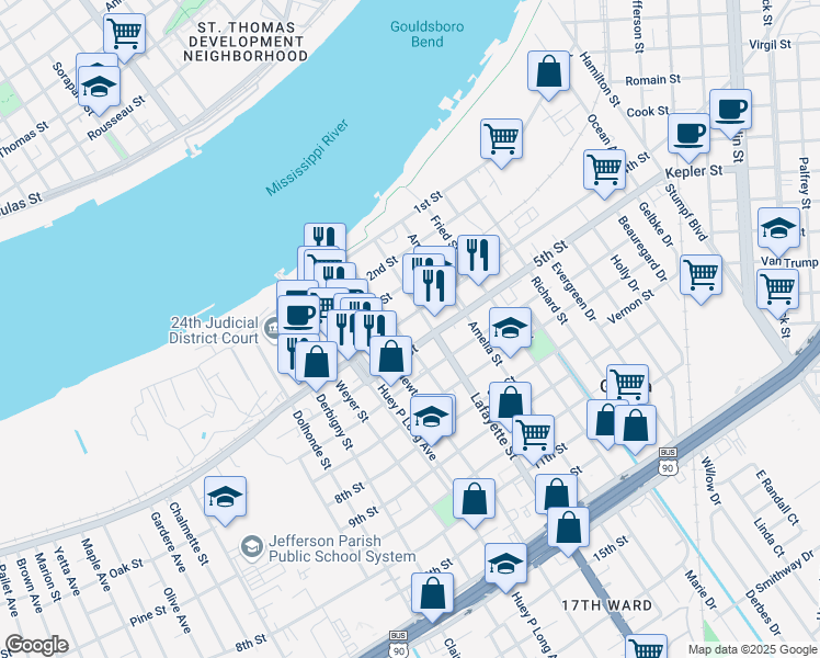 map of restaurants, bars, coffee shops, grocery stores, and more near 423 Newton Street in Gretna