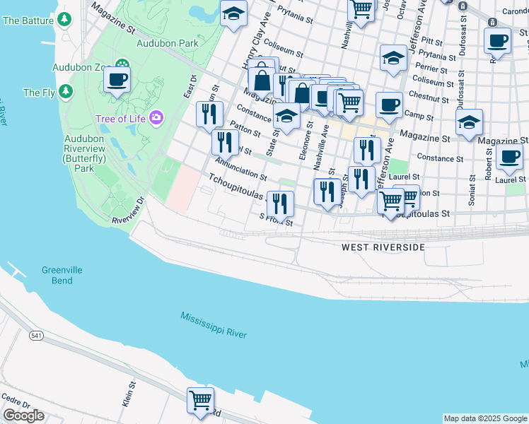 map of restaurants, bars, coffee shops, grocery stores, and more near 5916 South Front Street in New Orleans