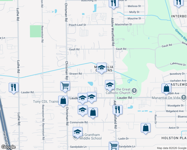 map of restaurants, bars, coffee shops, grocery stores, and more near 1214 Strawn Road in Houston