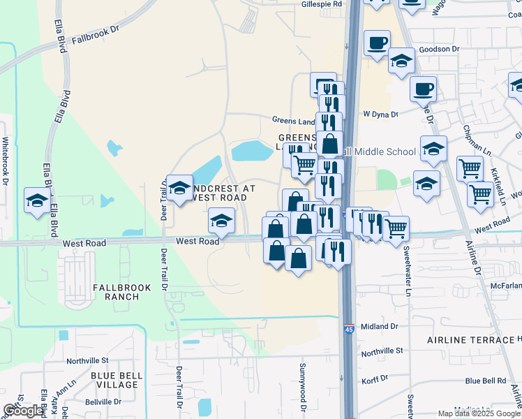 map of restaurants, bars, coffee shops, grocery stores, and more near 10445 Greens Crossing Blvd in Houston