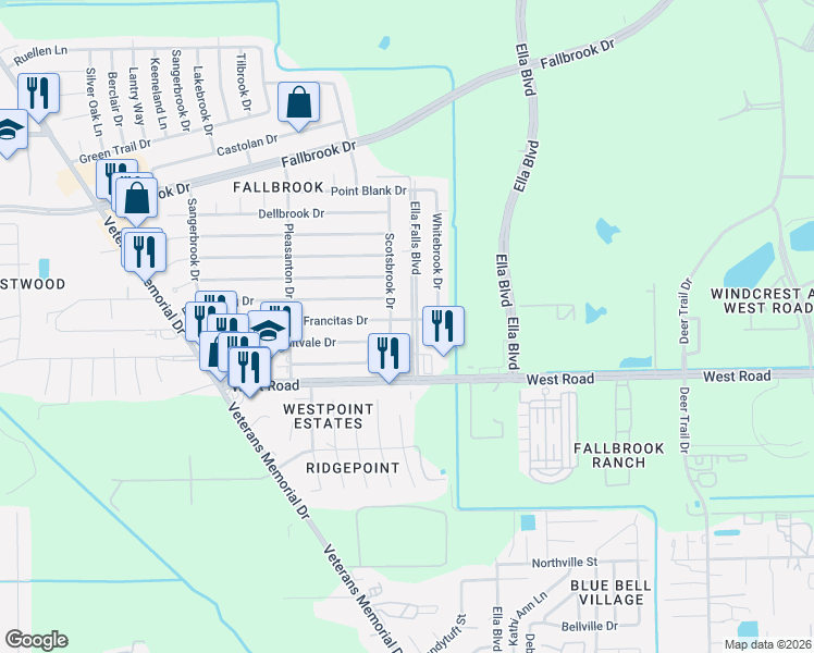 map of restaurants, bars, coffee shops, grocery stores, and more near 10131 Ella Falls Boulevard in Houston