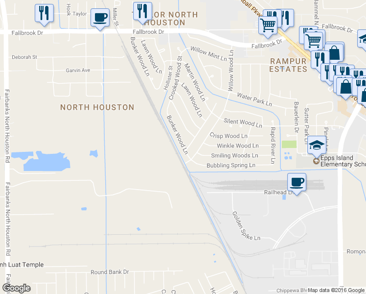 map of restaurants, bars, coffee shops, grocery stores, and more near 7731 Bunker Wood Lane in Houston