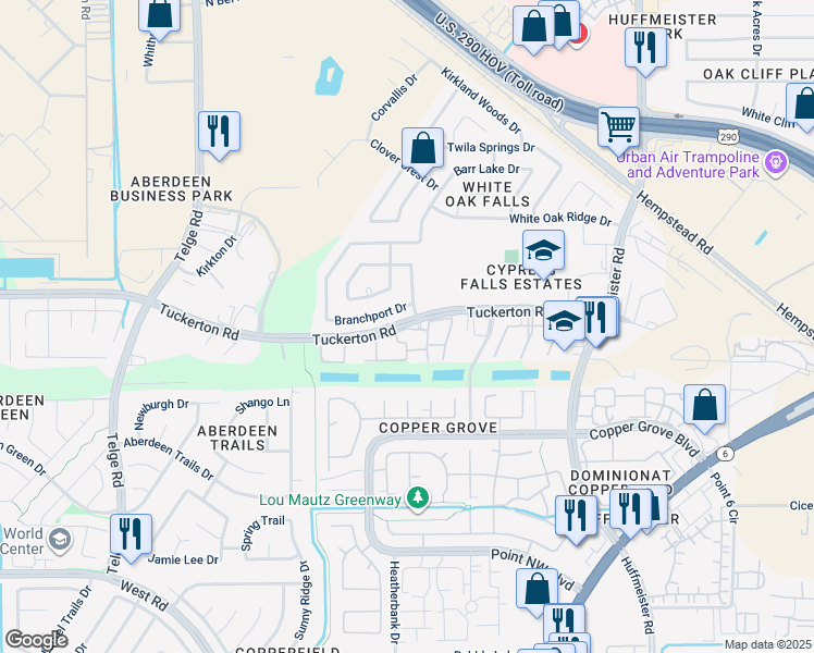 map of restaurants, bars, coffee shops, grocery stores, and more near 15511 Tuckerton Road in Houston