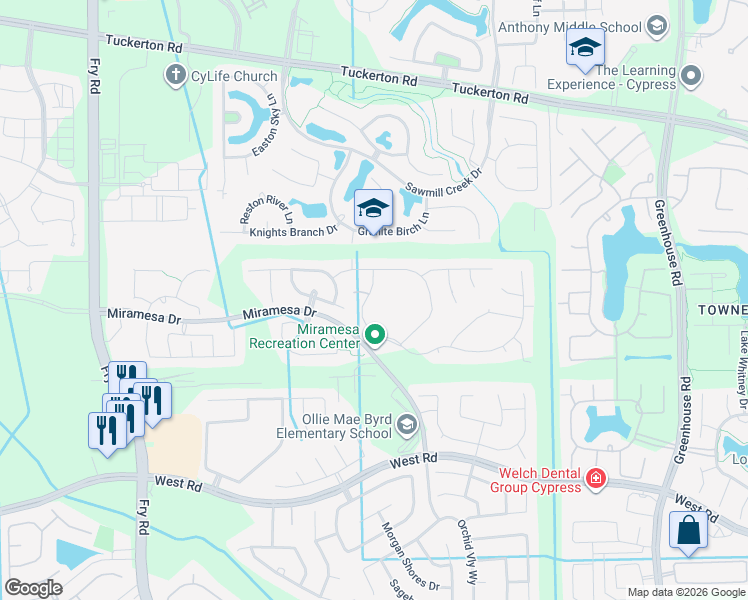 map of restaurants, bars, coffee shops, grocery stores, and more near 9418 Briscoe Bend Lane in Cypress