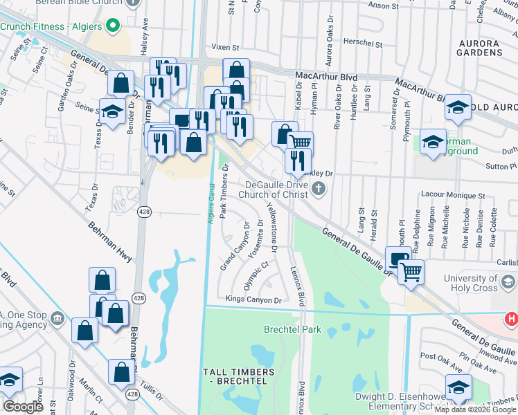 map of restaurants, bars, coffee shops, grocery stores, and more near 31 Yosemite Drive in New Orleans
