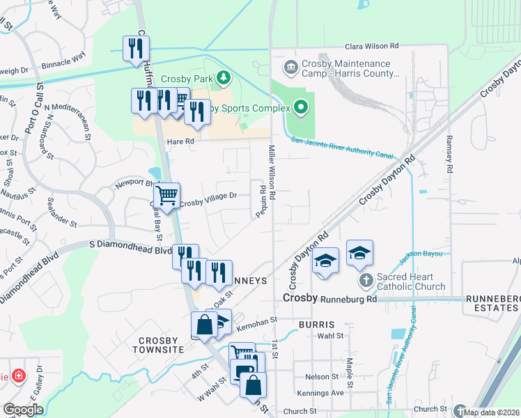 map of restaurants, bars, coffee shops, grocery stores, and more near 6102 Miller Wilson Road in Crosby
