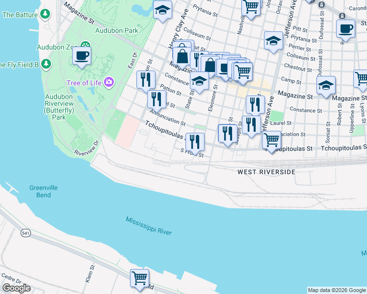 map of restaurants, bars, coffee shops, grocery stores, and more near 5916 South Front Street in New Orleans
