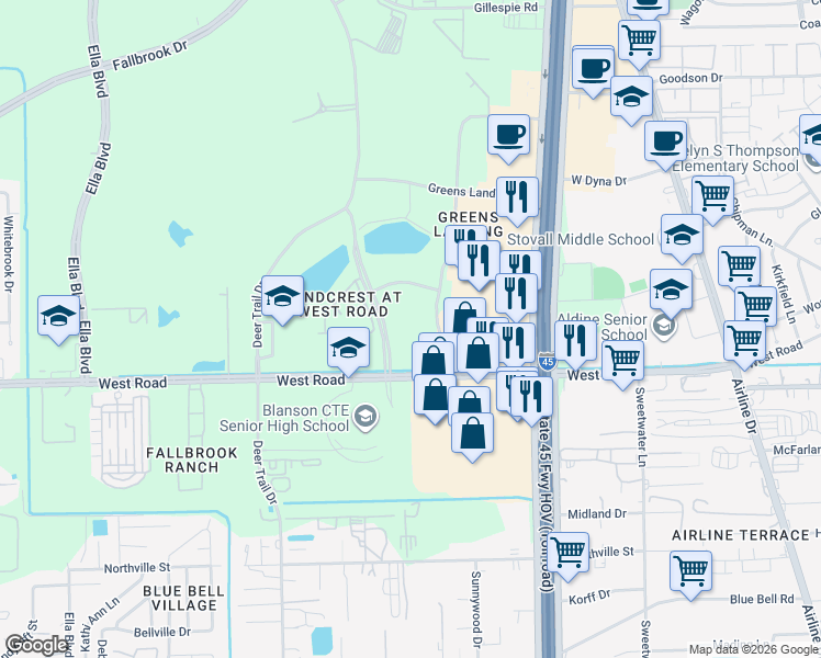 map of restaurants, bars, coffee shops, grocery stores, and more near 10445 Greens Crossing Blvd in Houston