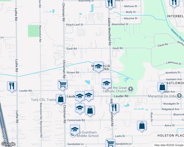 map of restaurants, bars, coffee shops, grocery stores, and more near 1732 Strawn Road in Houston