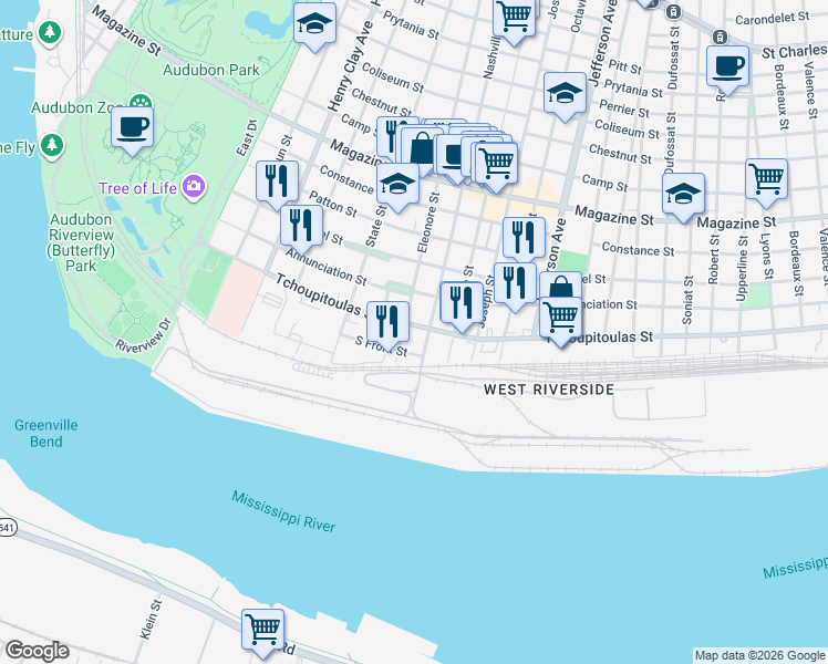 map of restaurants, bars, coffee shops, grocery stores, and more near 5900 South Front Street in New Orleans