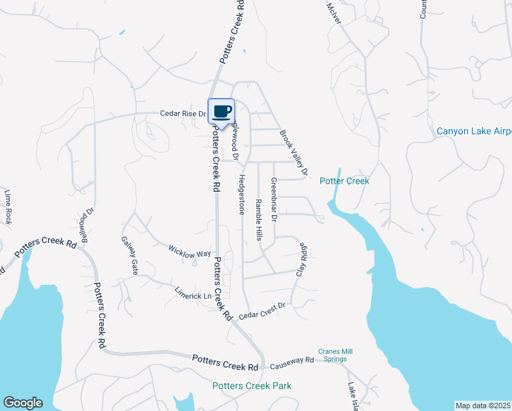 map of restaurants, bars, coffee shops, grocery stores, and more near 1225 Ramble Hills in Canyon Lake