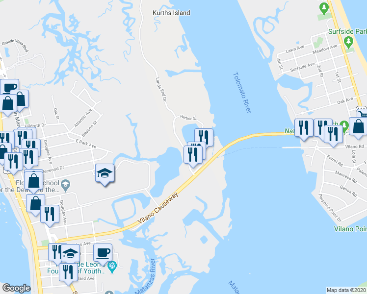 map of restaurants, bars, coffee shops, grocery stores, and more near 3013 Harbor Drive in St. Augustine