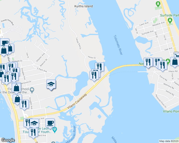 map of restaurants, bars, coffee shops, grocery stores, and more near 3001 Harbor Drive in St. Augustine