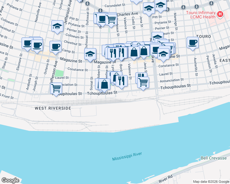 map of restaurants, bars, coffee shops, grocery stores, and more near 4801 South Front Street in New Orleans