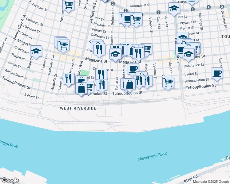 map of restaurants, bars, coffee shops, grocery stores, and more near 5130 Tchoupitoulas Street in New Orleans