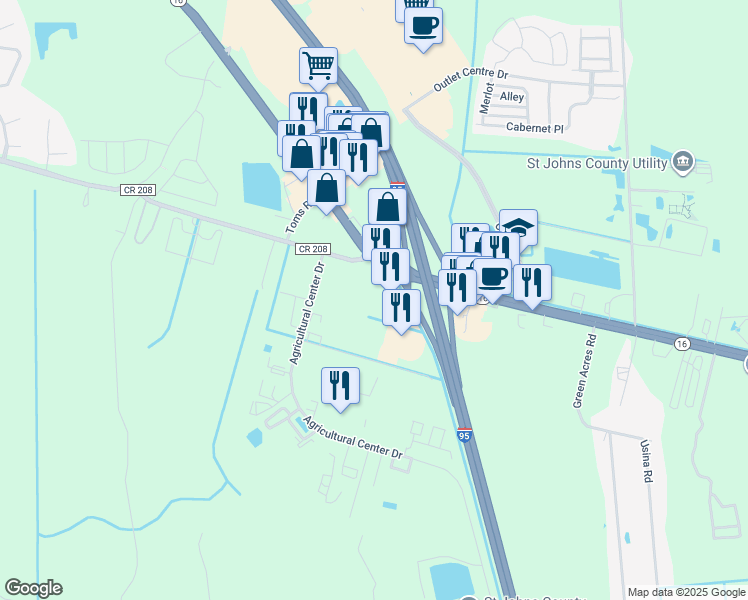 map of restaurants, bars, coffee shops, grocery stores, and more near 2445 Florida 16 in Saint Augustine