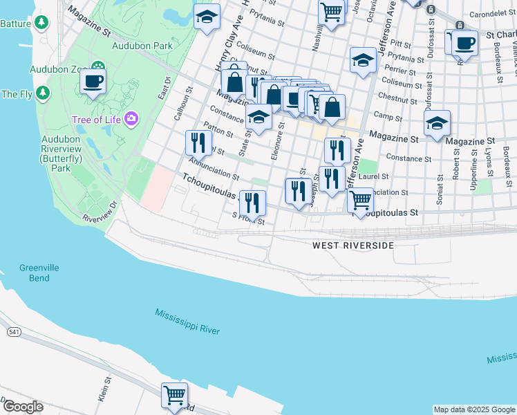map of restaurants, bars, coffee shops, grocery stores, and more near 5904A Tchoupitoulas Street in New Orleans