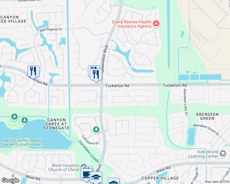 map of restaurants, bars, coffee shops, grocery stores, and more near 16826 Pine Castle Drive in Houston