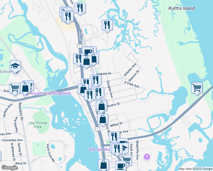 map of restaurants, bars, coffee shops, grocery stores, and more near 14 Park Avenue in St. Augustine