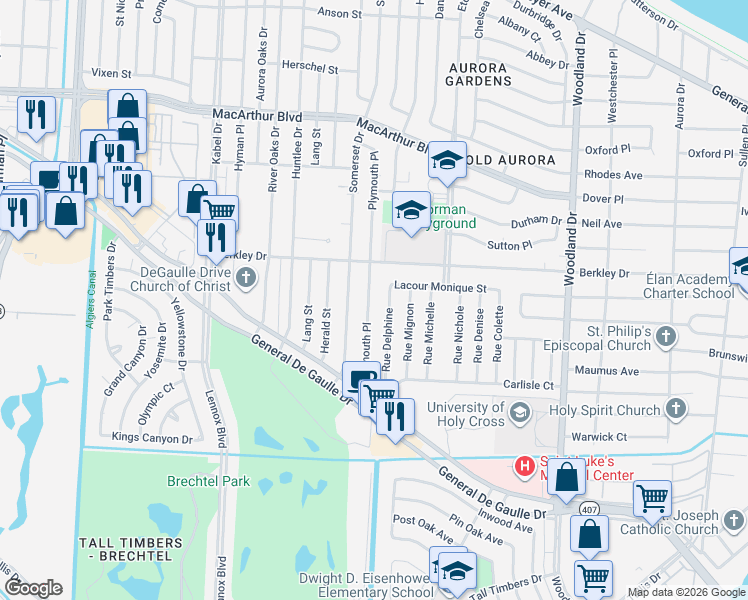 map of restaurants, bars, coffee shops, grocery stores, and more near 3531 Plymouth Place in New Orleans