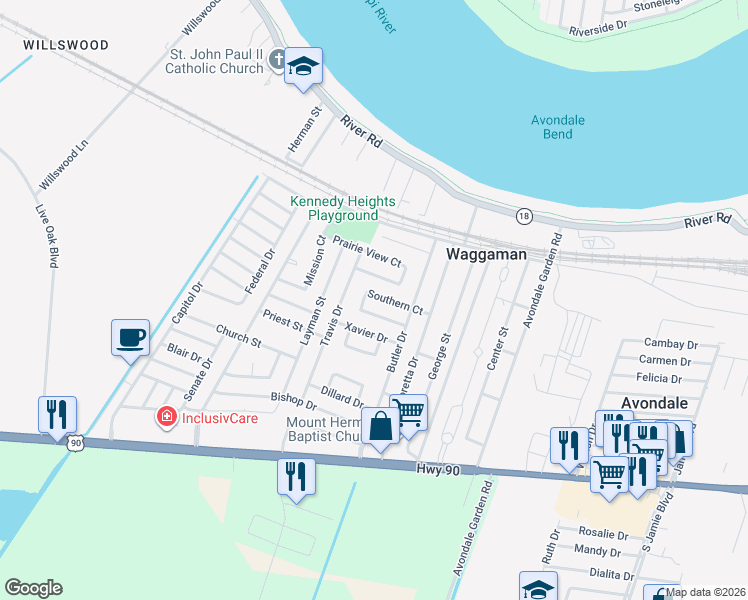 map of restaurants, bars, coffee shops, grocery stores, and more near 105 Prairie View Court in Westwego