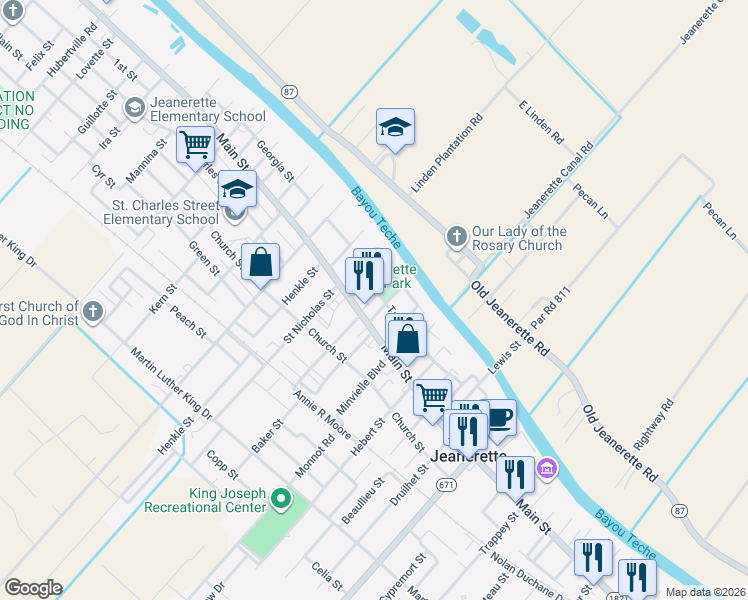 map of restaurants, bars, coffee shops, grocery stores, and more near 201 Wormser Street in Jeanerette