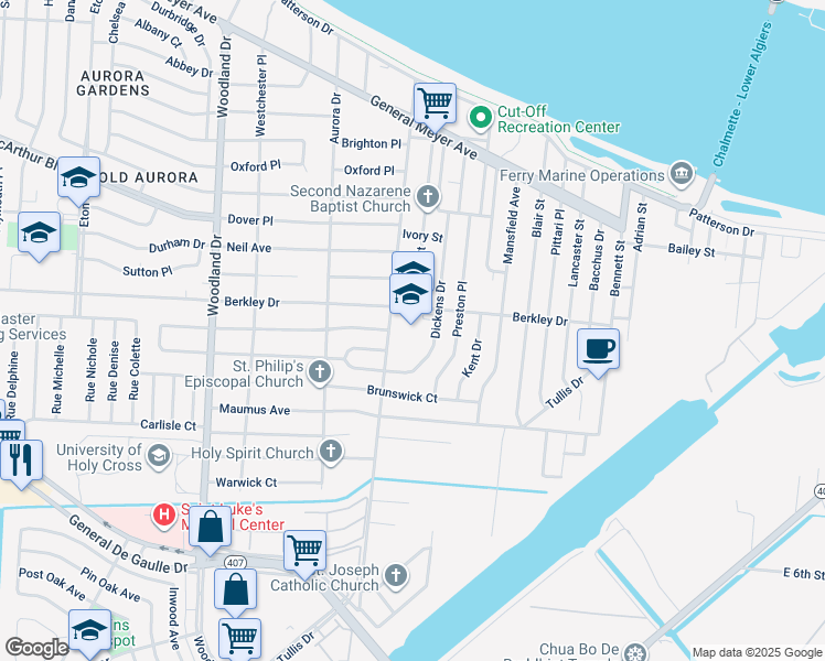 map of restaurants, bars, coffee shops, grocery stores, and more near 6501 Berkley Drive in New Orleans
