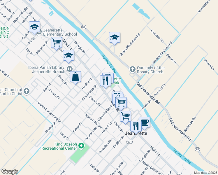 map of restaurants, bars, coffee shops, grocery stores, and more near 1510 Main Street in Jeanerette