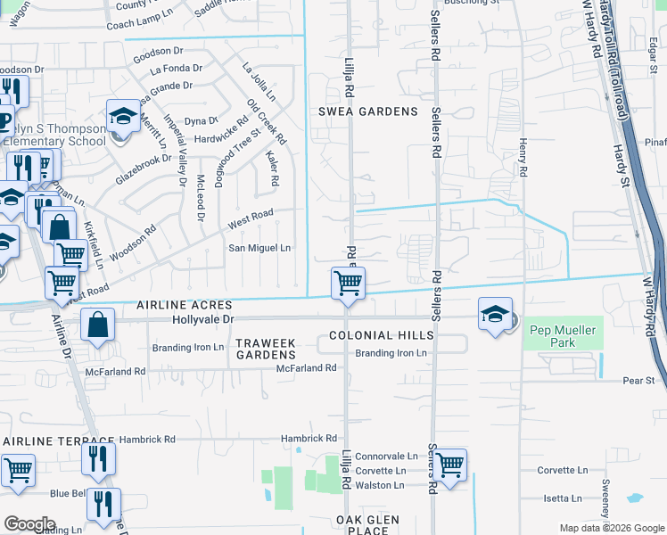 map of restaurants, bars, coffee shops, grocery stores, and more near 14915 Lillja Road in Houston