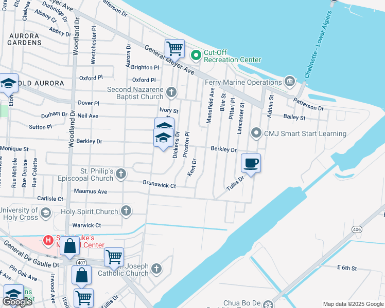 map of restaurants, bars, coffee shops, grocery stores, and more near 6740 Berkley Drive in New Orleans