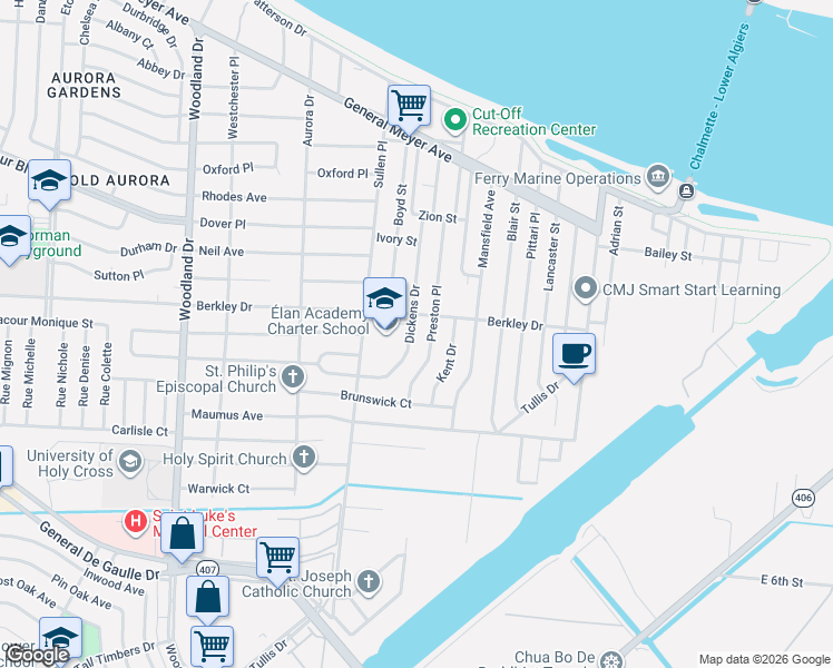 map of restaurants, bars, coffee shops, grocery stores, and more near 3501 Preston Place in New Orleans