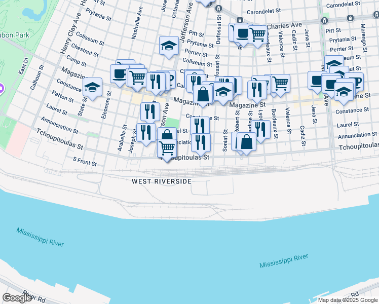 map of restaurants, bars, coffee shops, grocery stores, and more near 5244 Annunciation Street in New Orleans