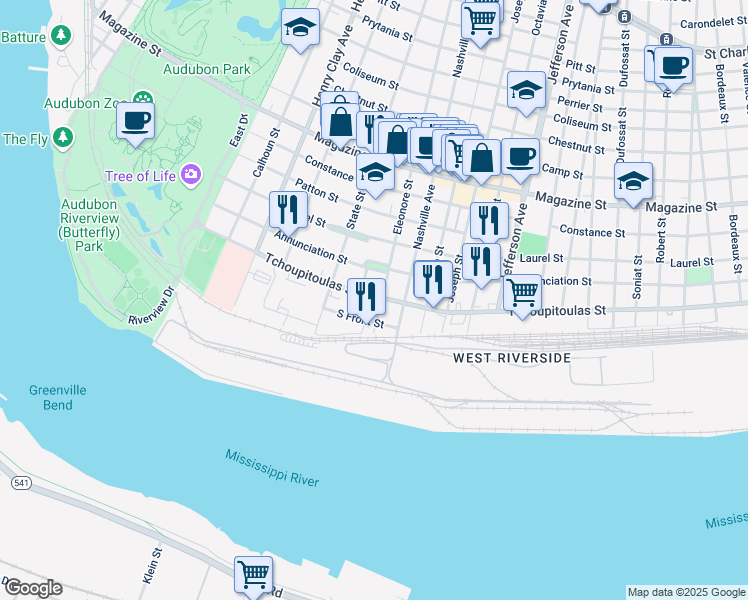 map of restaurants, bars, coffee shops, grocery stores, and more near 315 Alonzo Street in New Orleans