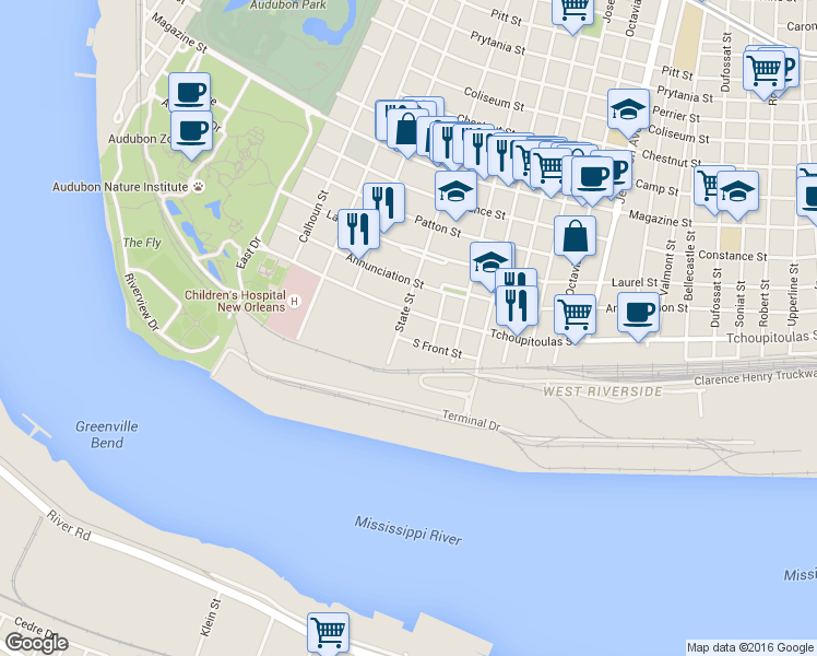 map of restaurants, bars, coffee shops, grocery stores, and more near 5973 Tchoupitoulas Street in New Orleans