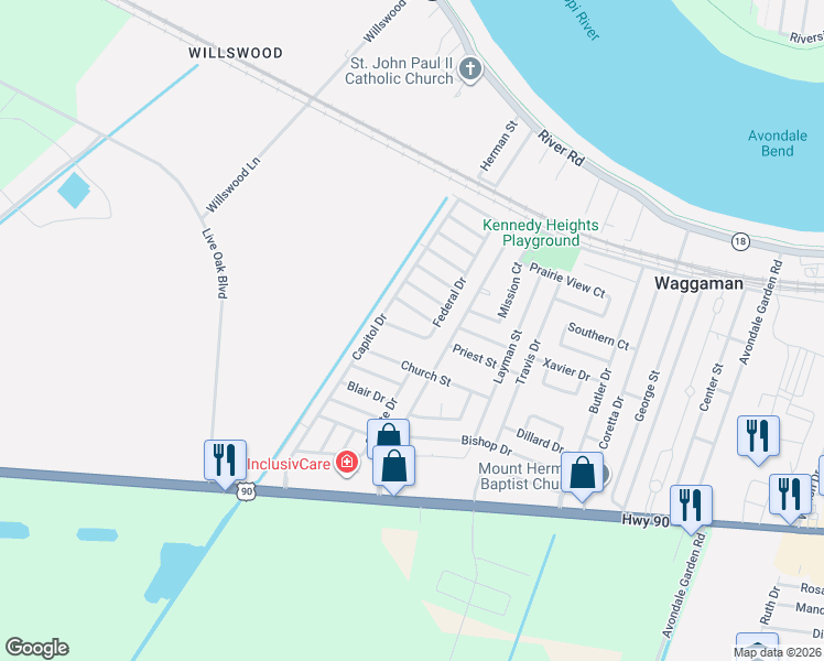 map of restaurants, bars, coffee shops, grocery stores, and more near 313 Georgetown Drive in Westwego