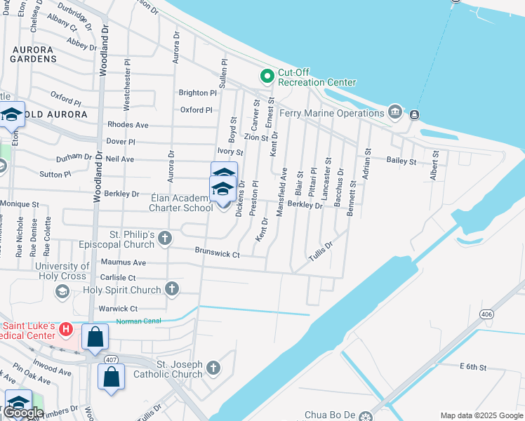 map of restaurants, bars, coffee shops, grocery stores, and more near 6740 Berkley Drive in New Orleans